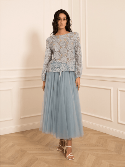 Aria Long Tulle Skirt - Sky Blue - at home