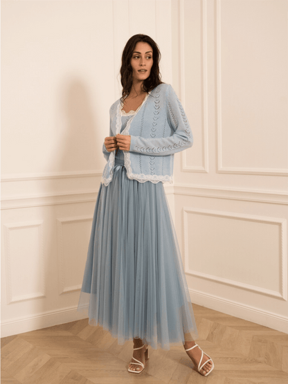 Aria Long Tulle Skirt - Sky Blue - at home