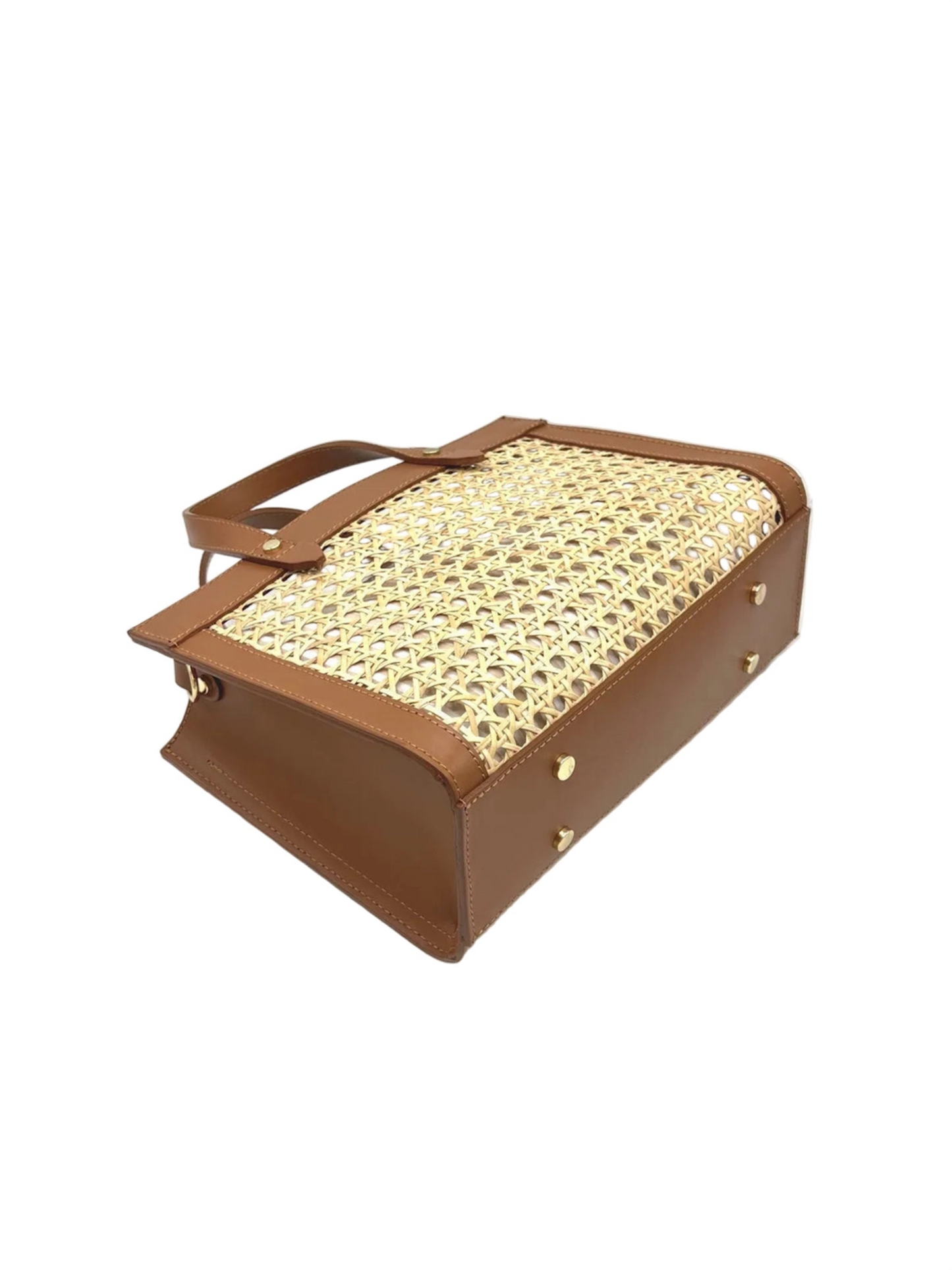 Genuine Leather & Straw Handbag - Brown