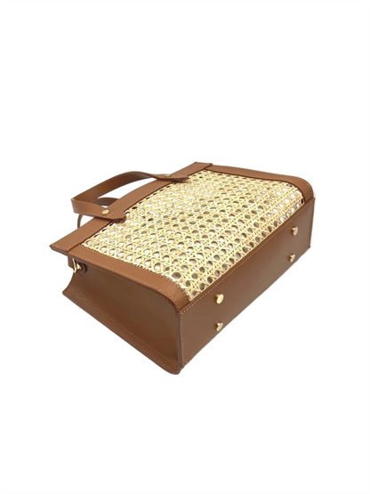 Genuine Leather & Straw Handbag - Brown