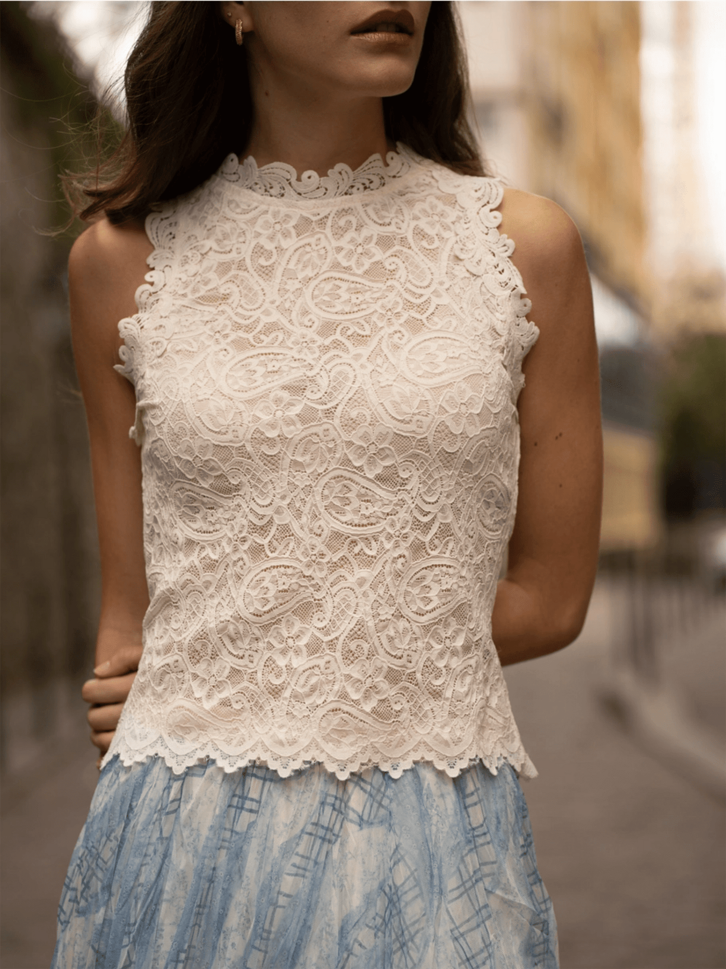 Catalina Floral Lace Top - White - at home