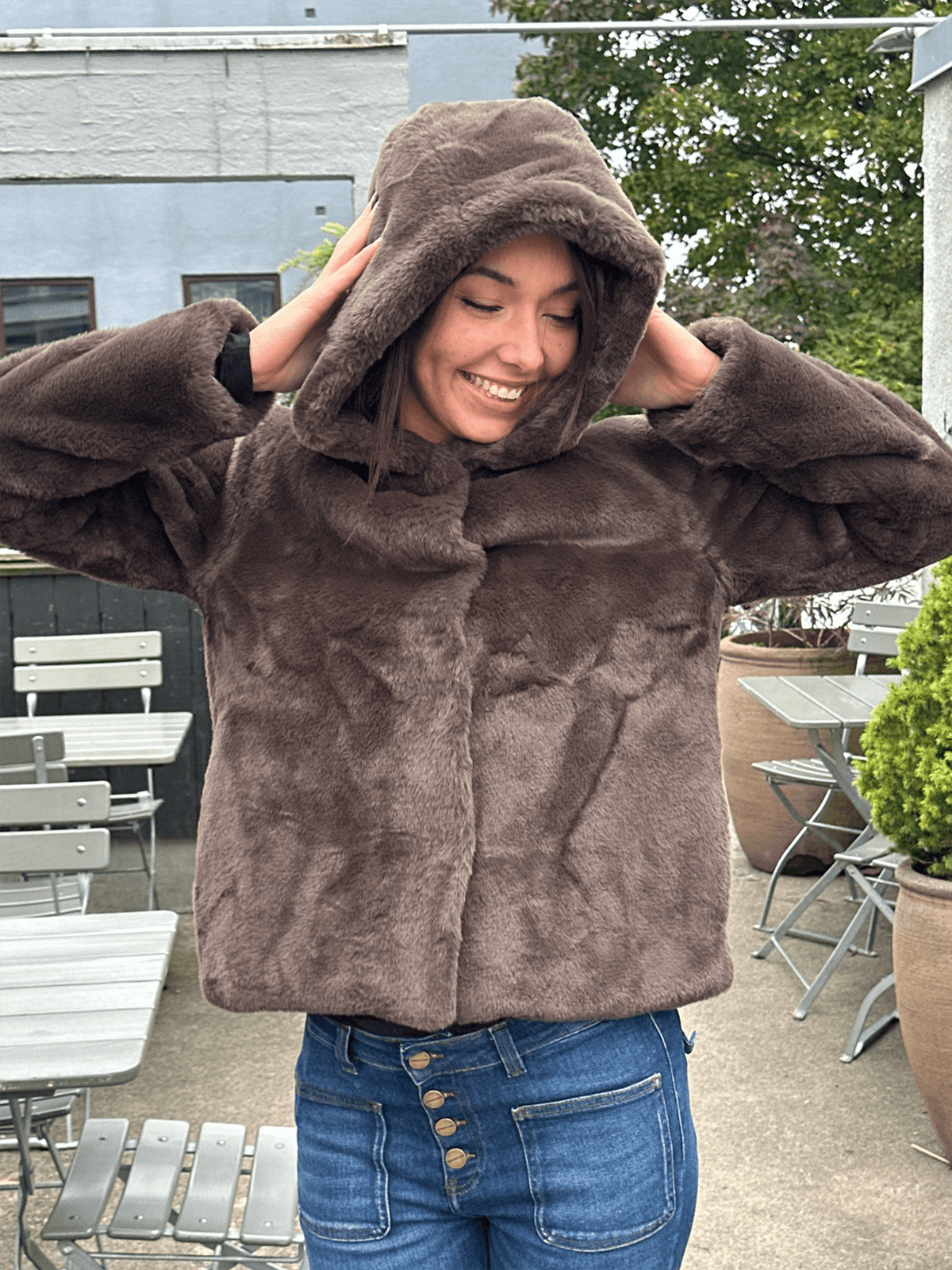 Charlie Fake Fur Jacket - Brown - at home