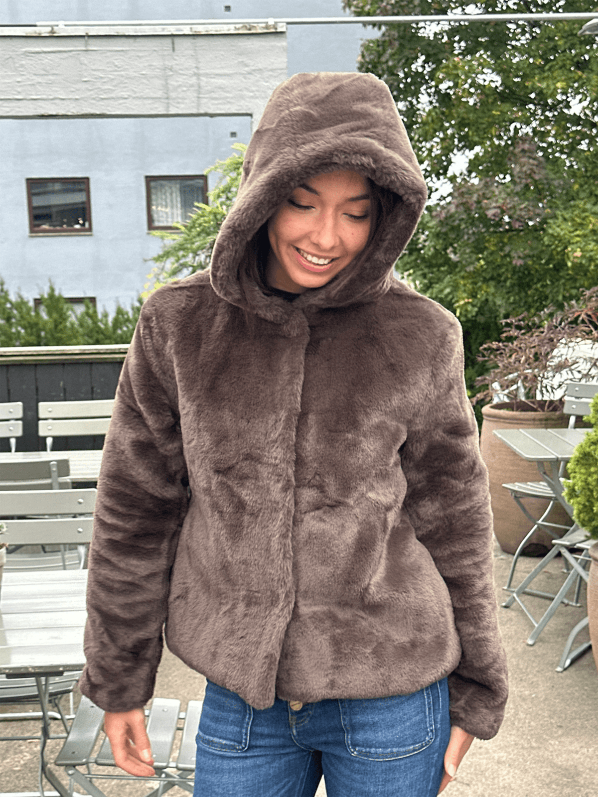 Charlie Fake Fur Jacket - Brown - at home