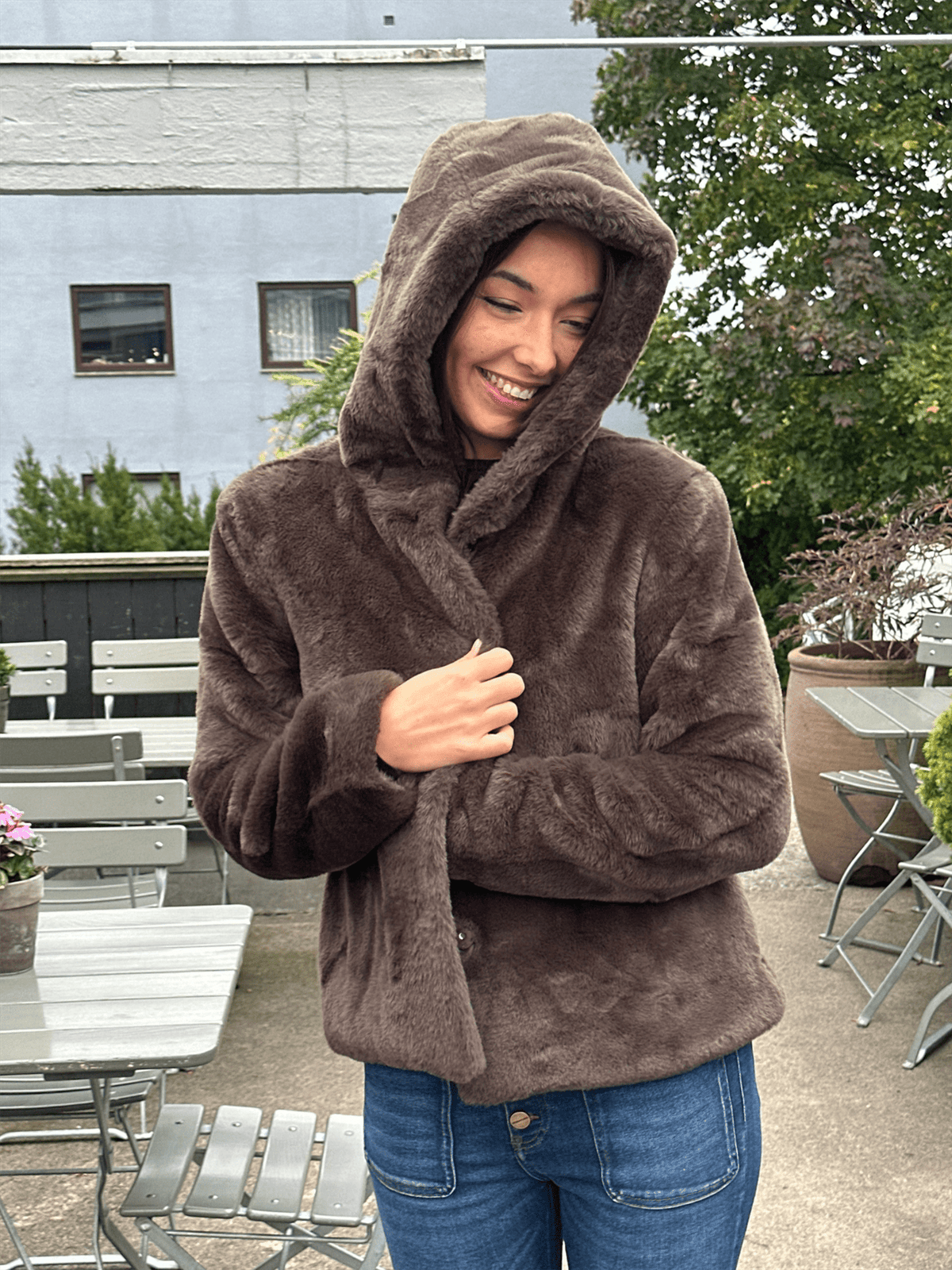 Charlie Fake Fur Jacket - Brown - at home