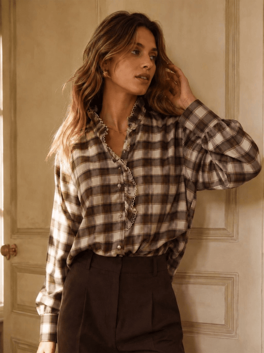 Checked Blouse with Ruffled Collar - Choco - at home