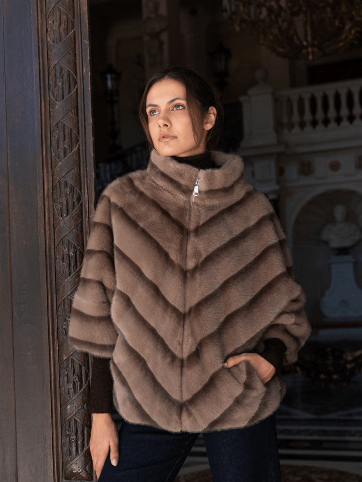 Copenhagen Faux Fur Cape Jacket - Taupe - at home