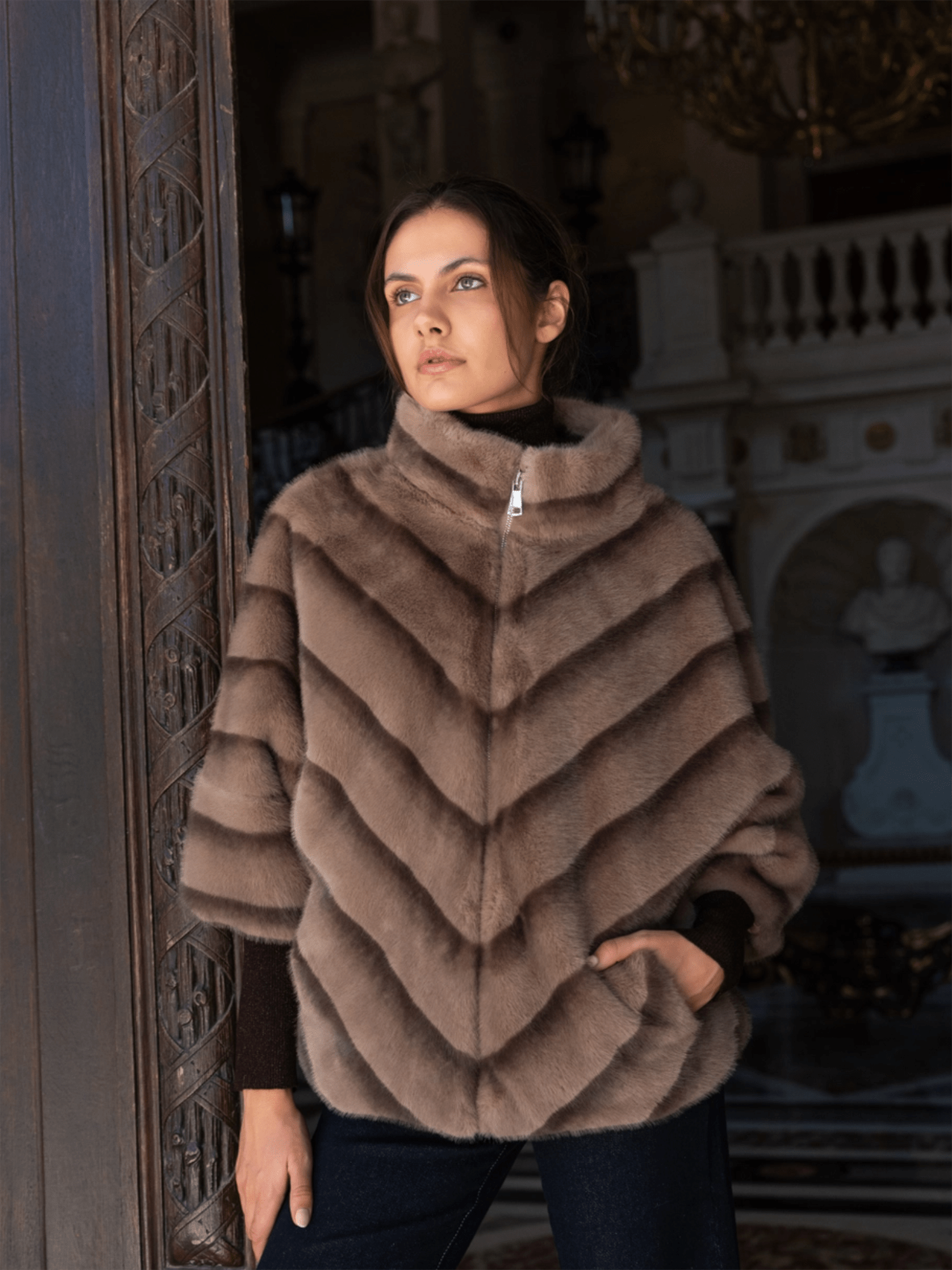 Copenhagen Faux Fur Cape Jacket - Taupe - at home