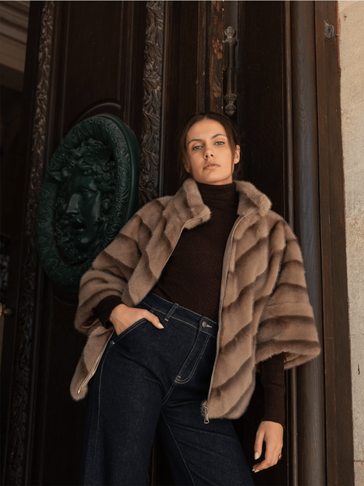 Copenhagen Faux Fur Cape Jacket - Taupe - at home