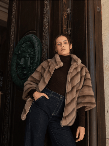 Copenhagen Faux Fur Cape Jacket - Taupe - at home
