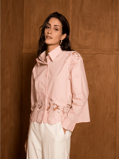 Cotton Shirt W/Lace Inserts - Pink - at home