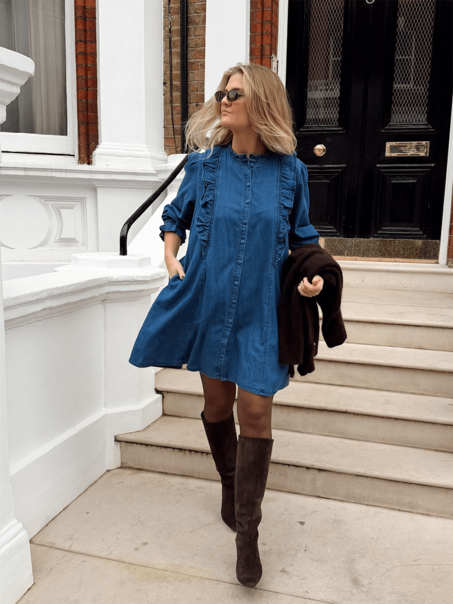 Denim Dress Ruffle - Denim - at home