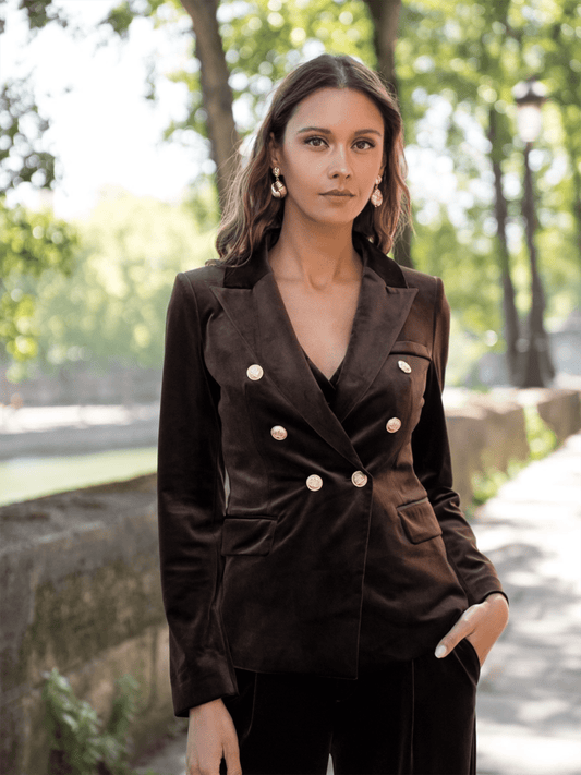 Double Breasted Velvet Blazer W/Gold Buttons - Choco - at home