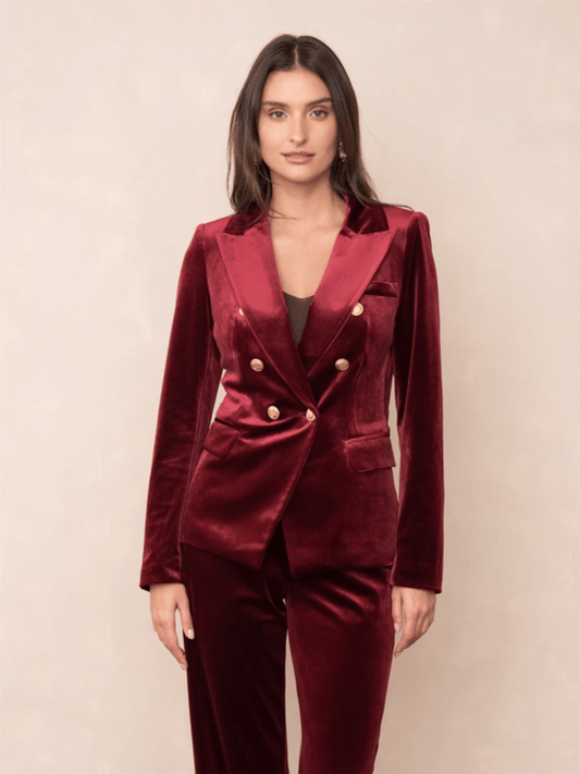 Double Breasted Velvet Blazer W/Gold Buttons - Dark Burgundy - at home