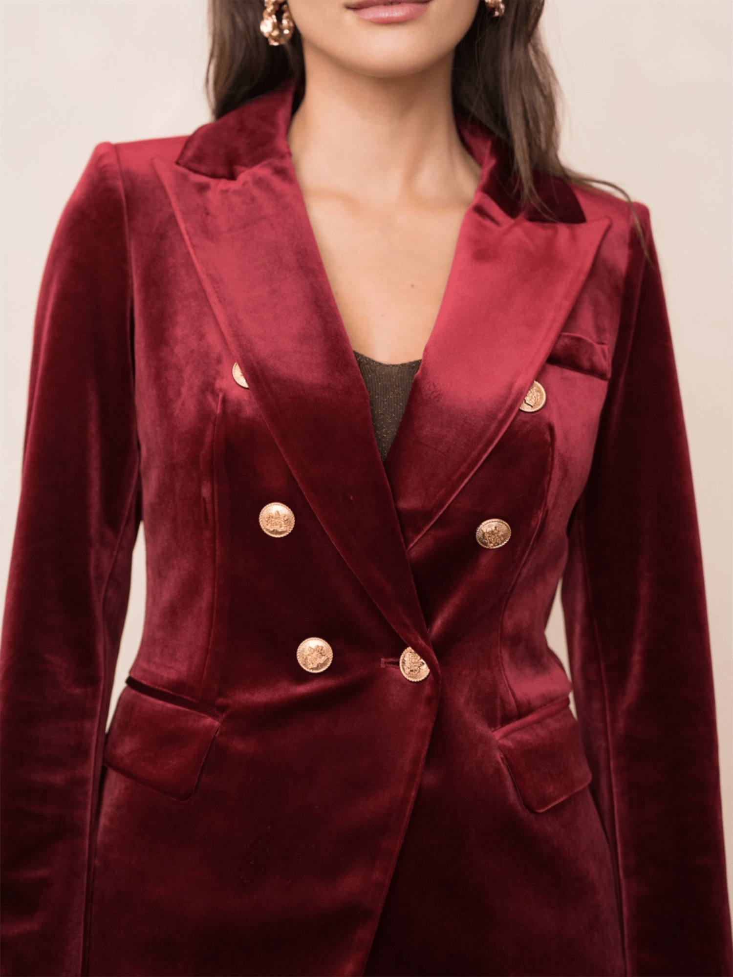 Double Breasted Velvet Blazer W/Gold Buttons - Dark Burgundy - at home