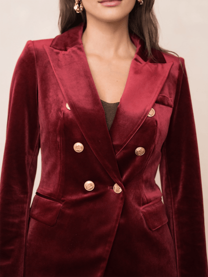Double Breasted Velvet Blazer W/Gold Buttons - Dark Burgundy - at home