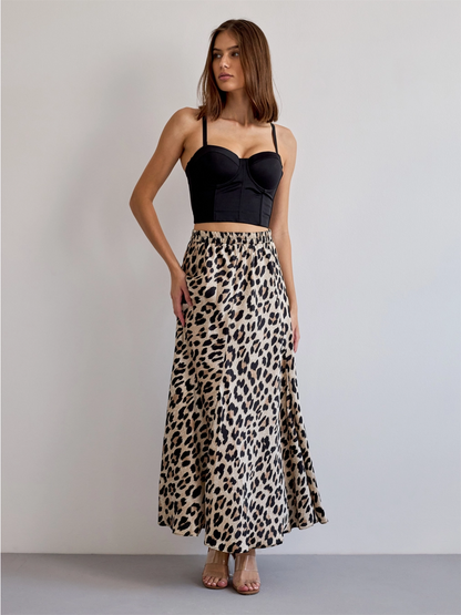 Valentine Satin Skirt - Beige Leopard