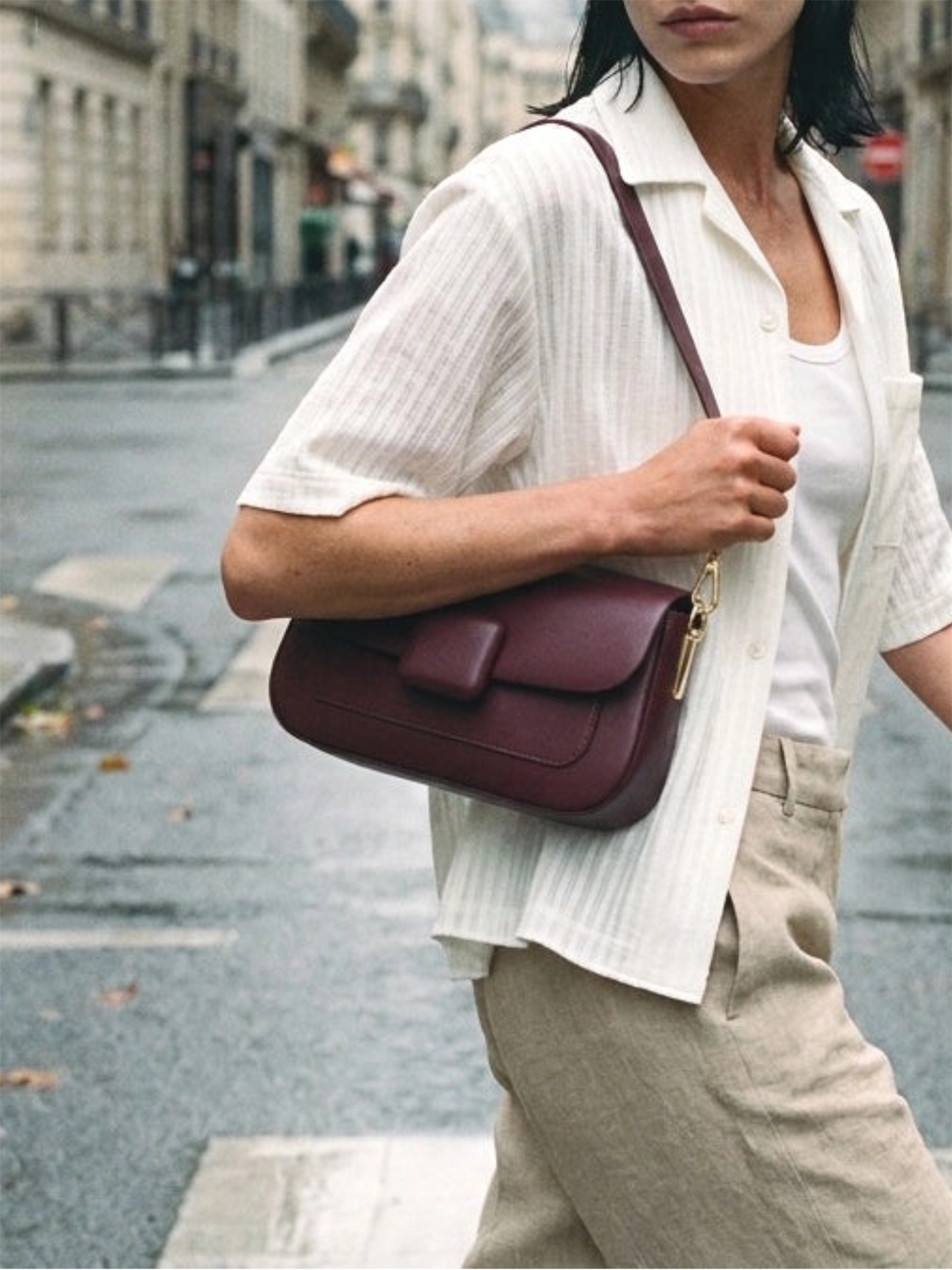 Genuine Leather Baguette Handbag S - Bordeaux