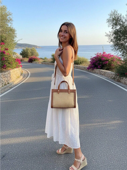 Genuine Leather & Straw Handbag - Brown