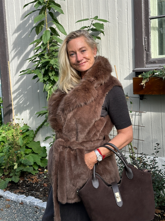 Sleeveless Faux Fur Lapel Collar Jacket - Choco