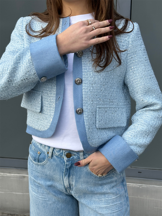 Round Neck Tweed & Denim Jacket - Sky Blue
