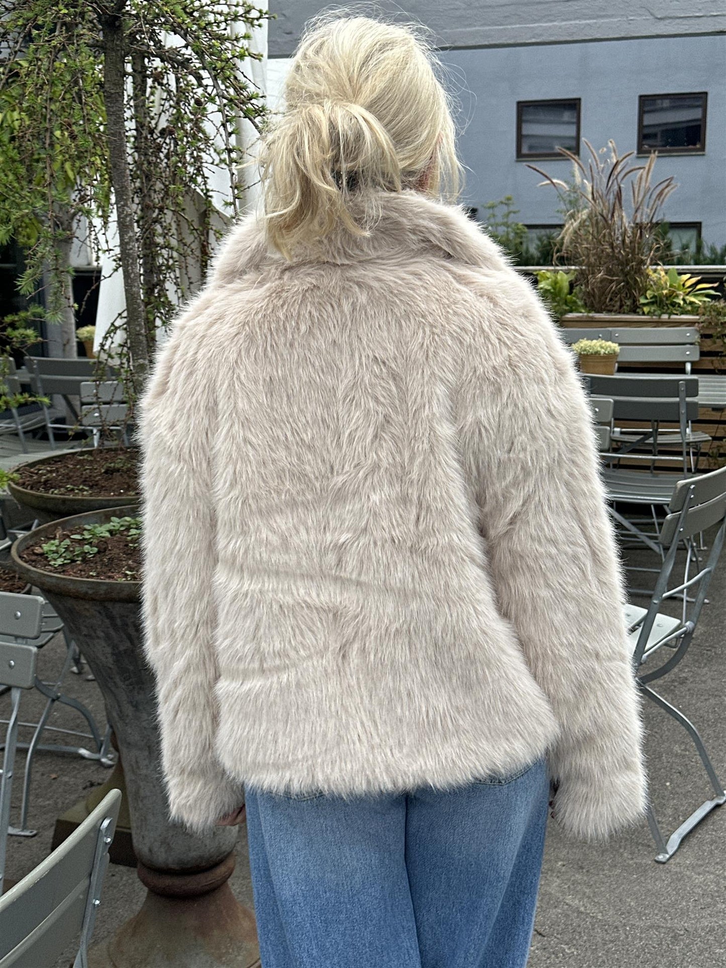 Large Collar Faux Fur Jacket - Beige