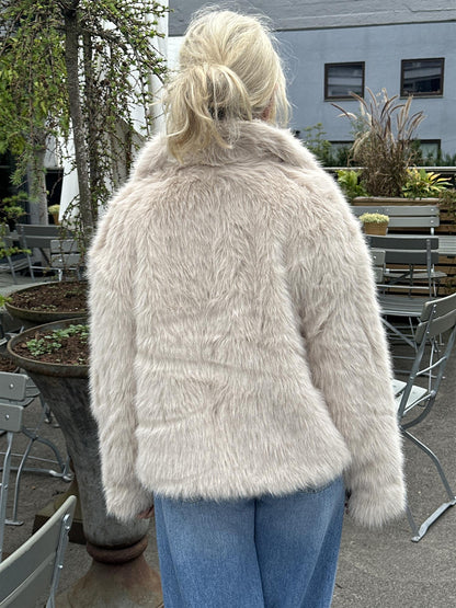 Large Collar Faux Fur Jacket - Beige