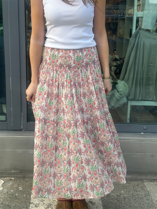 Smocking Skirt - Coral Leaf Print