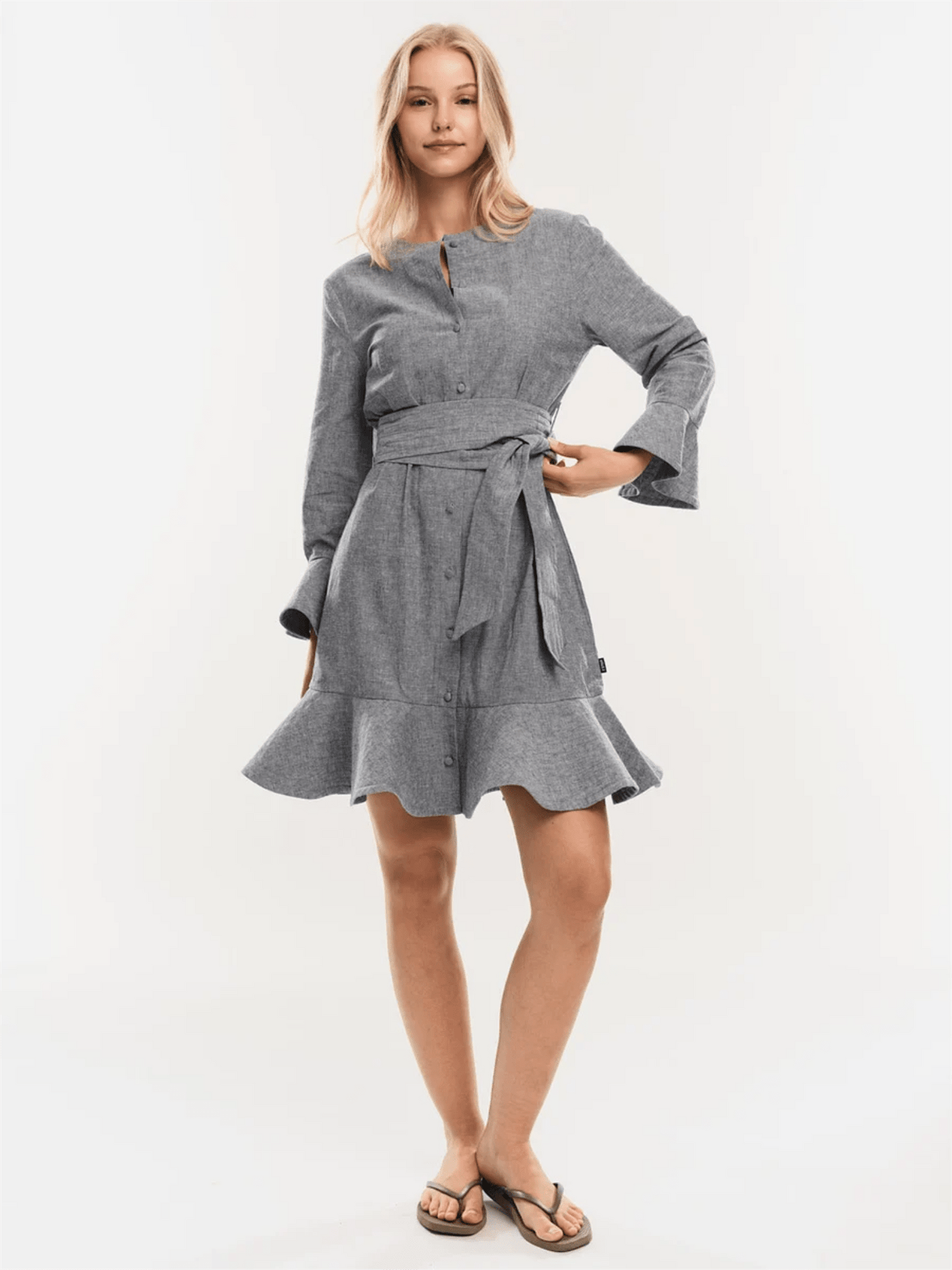 Gabrielle Linen Dress - Denim Blue - at home
