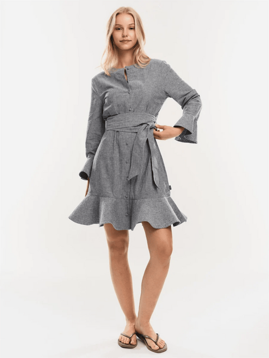 Gabrielle Linen Dress - Denim Blue - at home