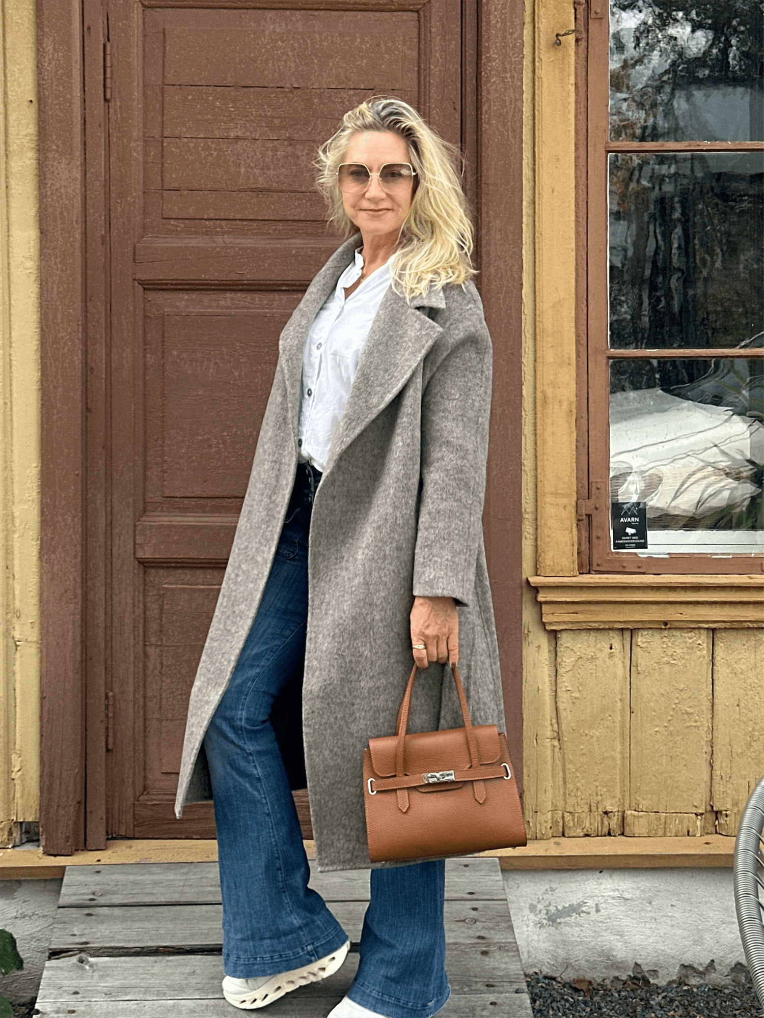 Genuine Leather Flap Handbag S - Camel - at home