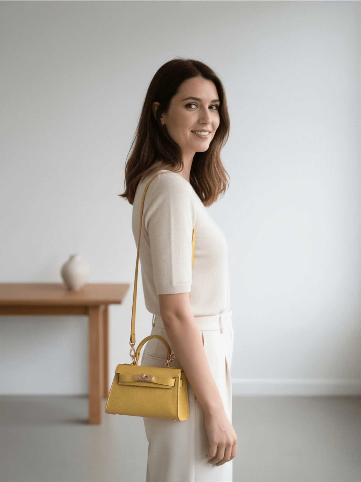 Genuine Leather Flap Handbag XS - Yellow - at home
