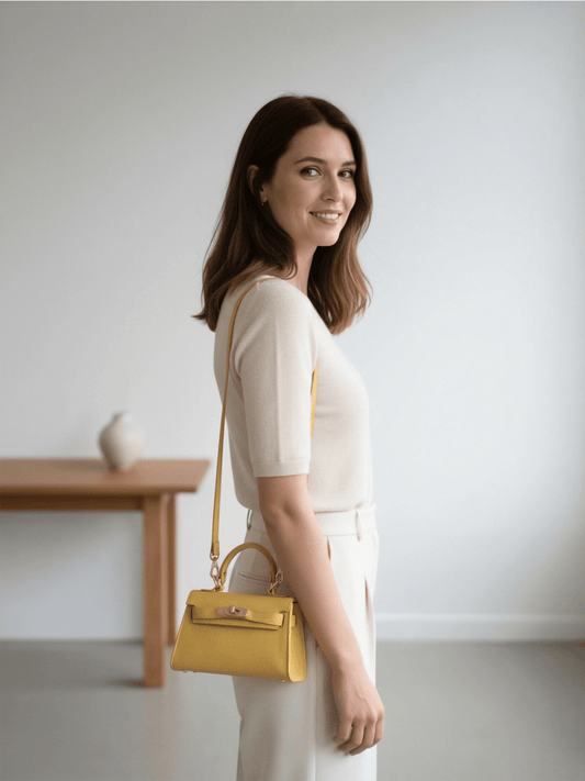 Genuine Leather Flap Handbag XS - Yellow - at home