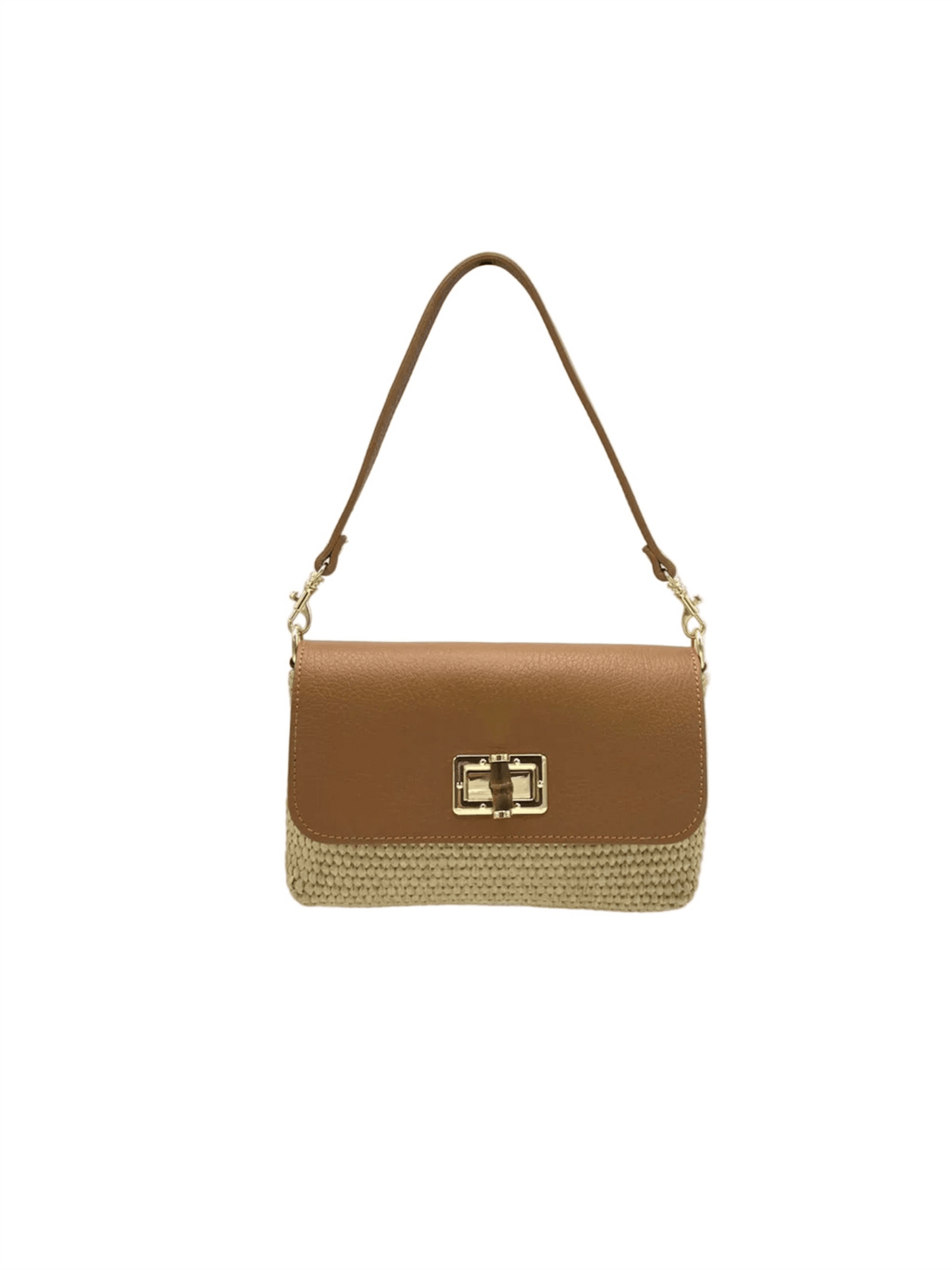 Genuine Leather Mini Flap Handbag - Brown Raffia - at home