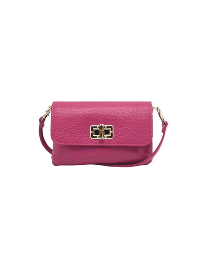 Genuine Leather Mini Flap Handbag - Fuschia - at home