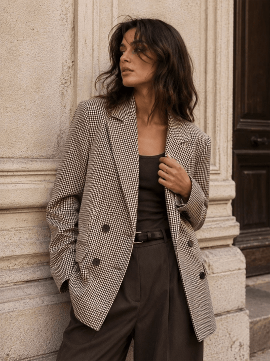 Gingham Blazer with A Cord Tie Belt - Choco - at home