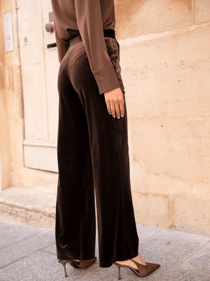 High - Waisted Straight - Cut Velvet Trousers - Choco - at home