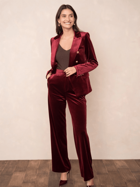 High - Waisted Straight - Cut Velvet Trousers - Dark Burgundy - at home