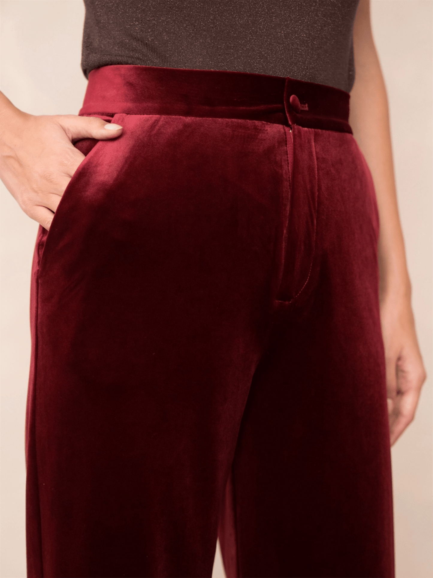 High - Waisted Straight - Cut Velvet Trousers - Dark Burgundy - at home