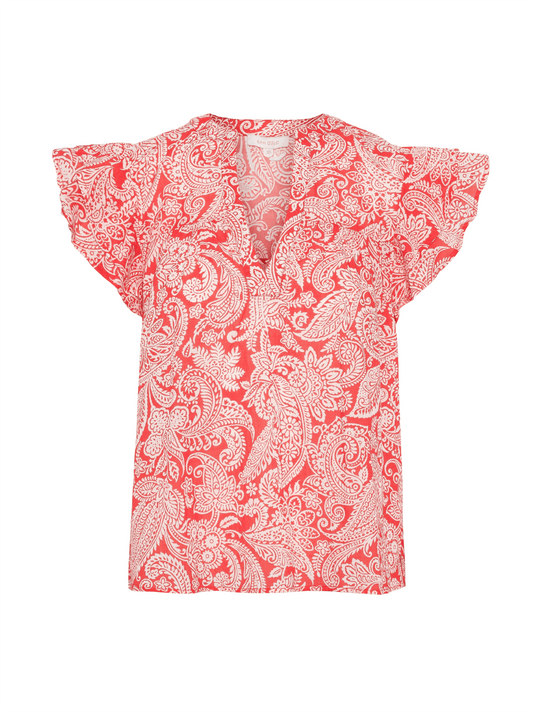 Ingrid Short Sleeve Top - Red Paisley Print - at home