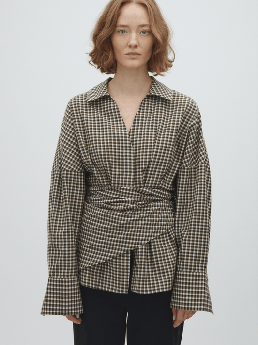 Isidor-M Blouse - Smoked Olive Check - at home