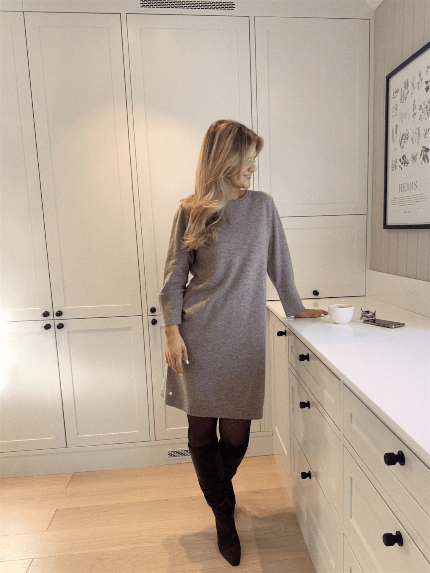 Maddie Round Neck Dress - Beige - at home