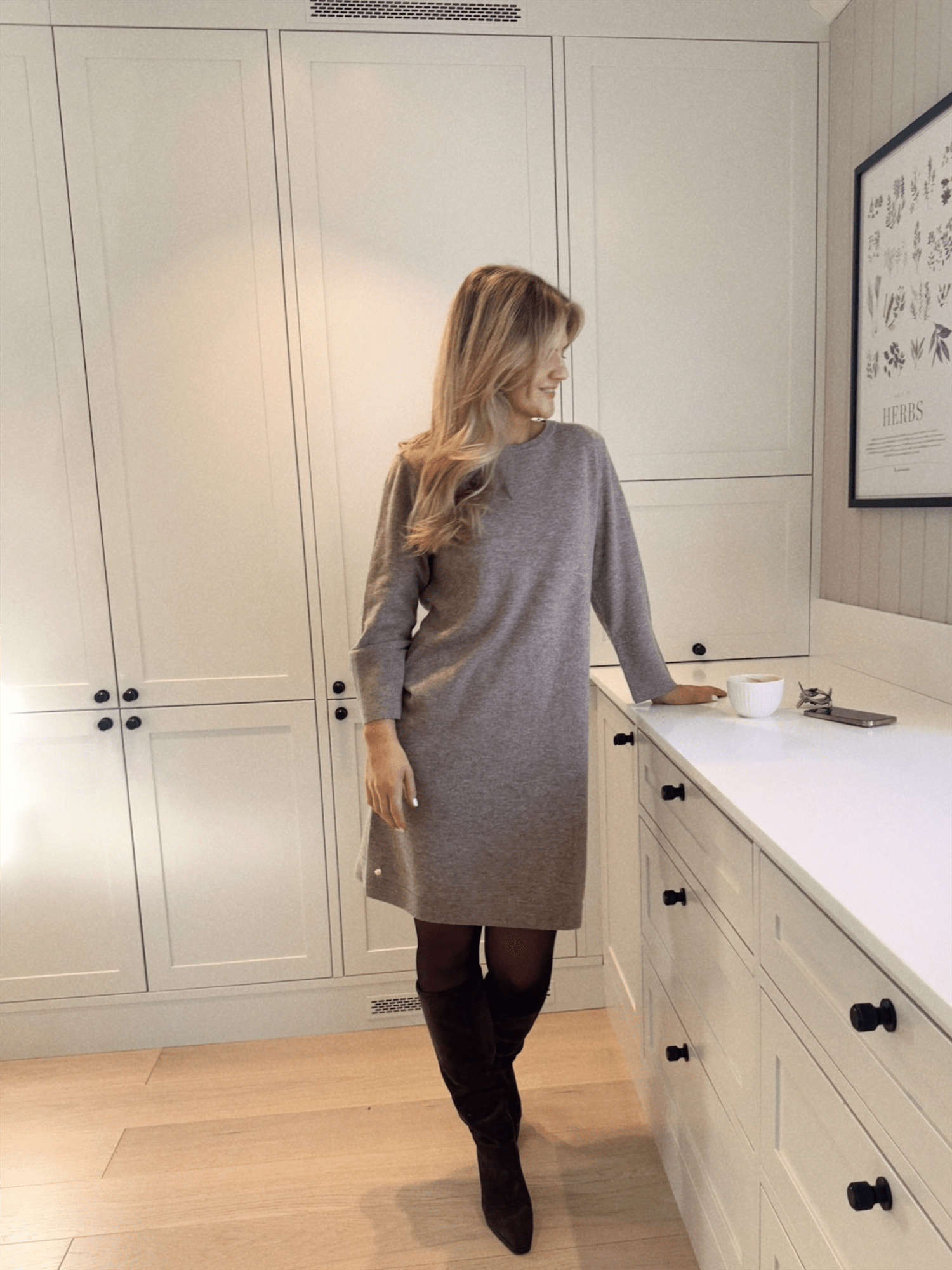 Maddie Round Neck Dress - Beige - at home