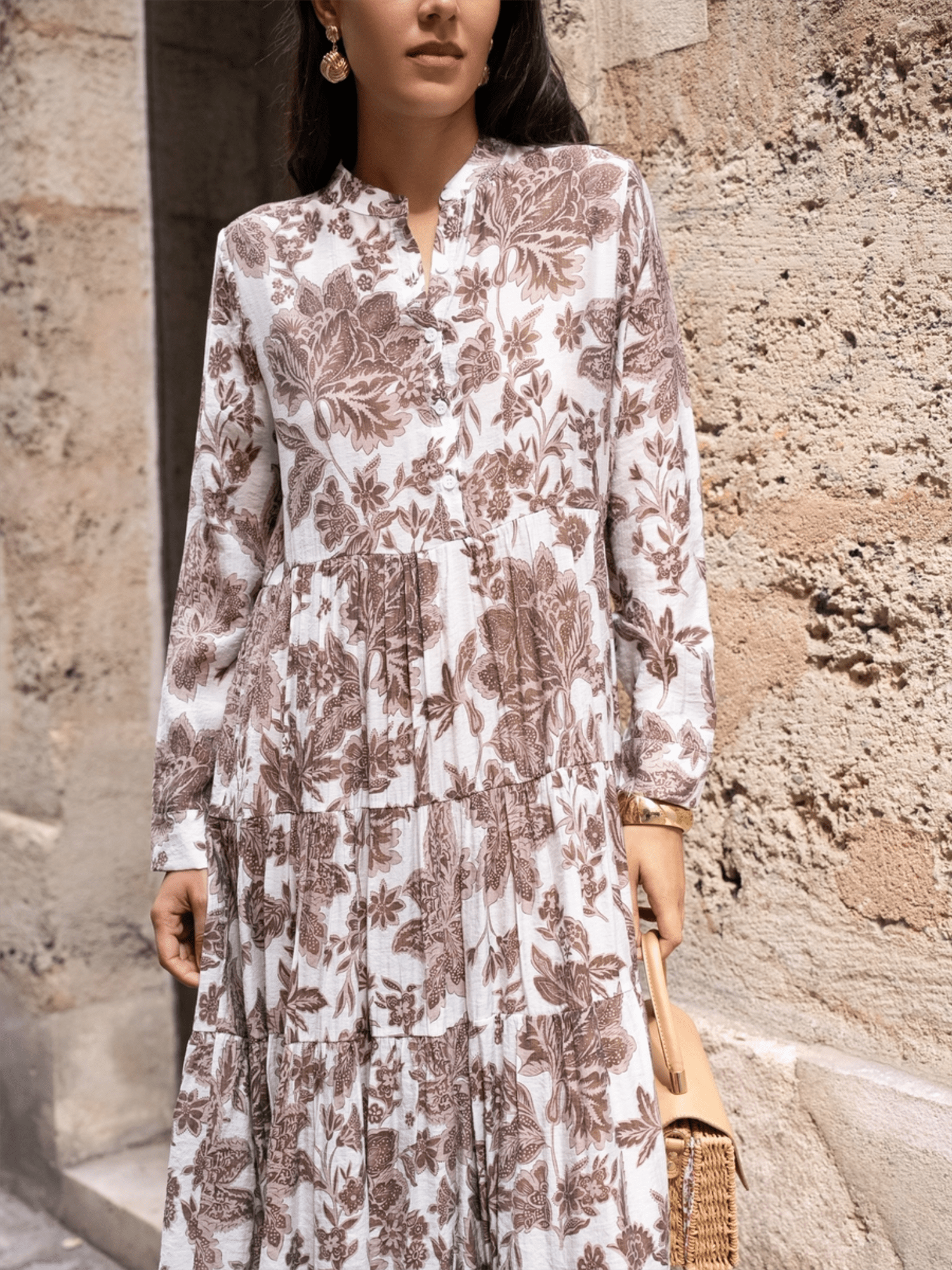 Marbella Silk Dress - Floral Choco - at home