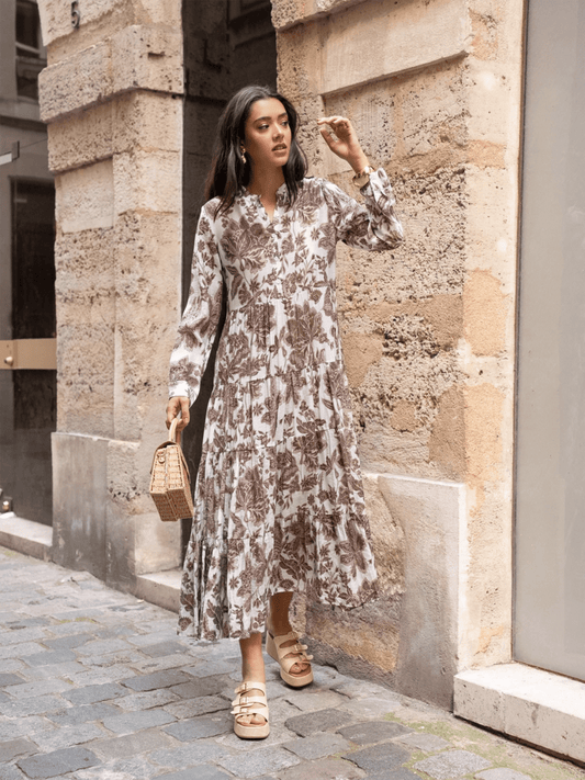 Marbella Silk Dress - Floral Choco - at home