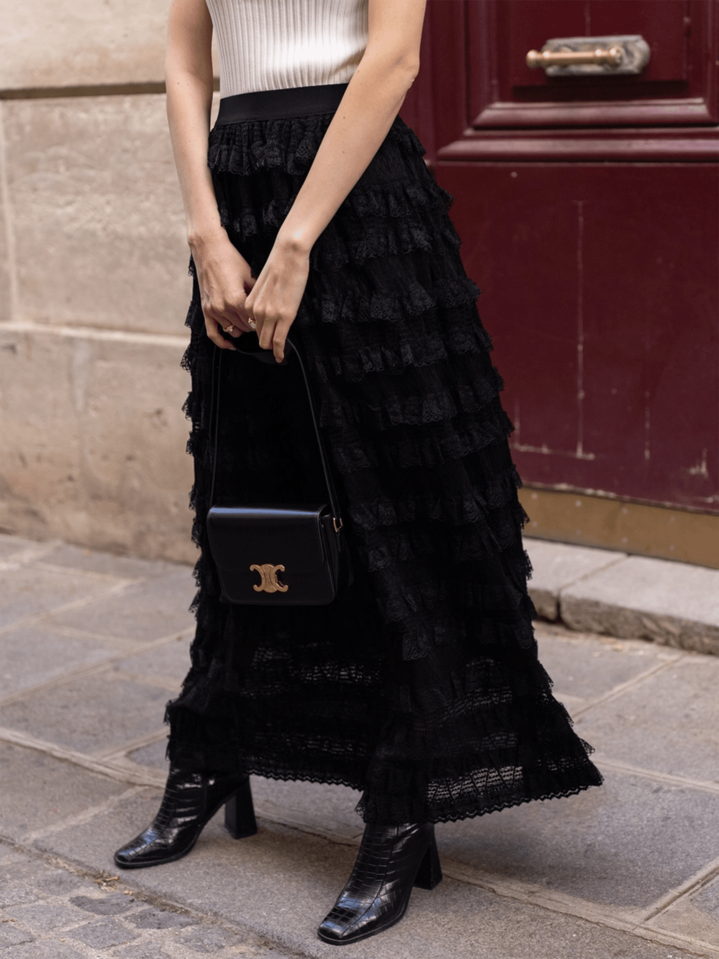 Mira Maxi Lace Skirt - Black - at home