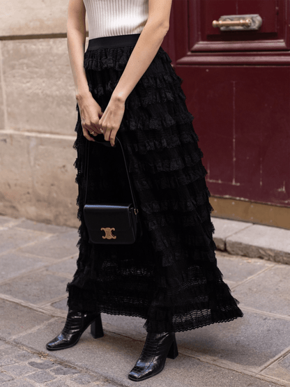 Mira Maxi Lace Skirt - Black - at home