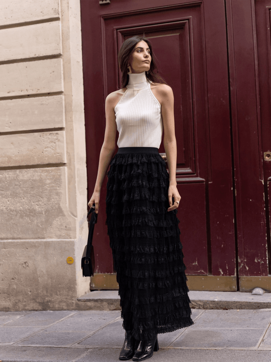 Mira Maxi Lace Skirt - Black - at home