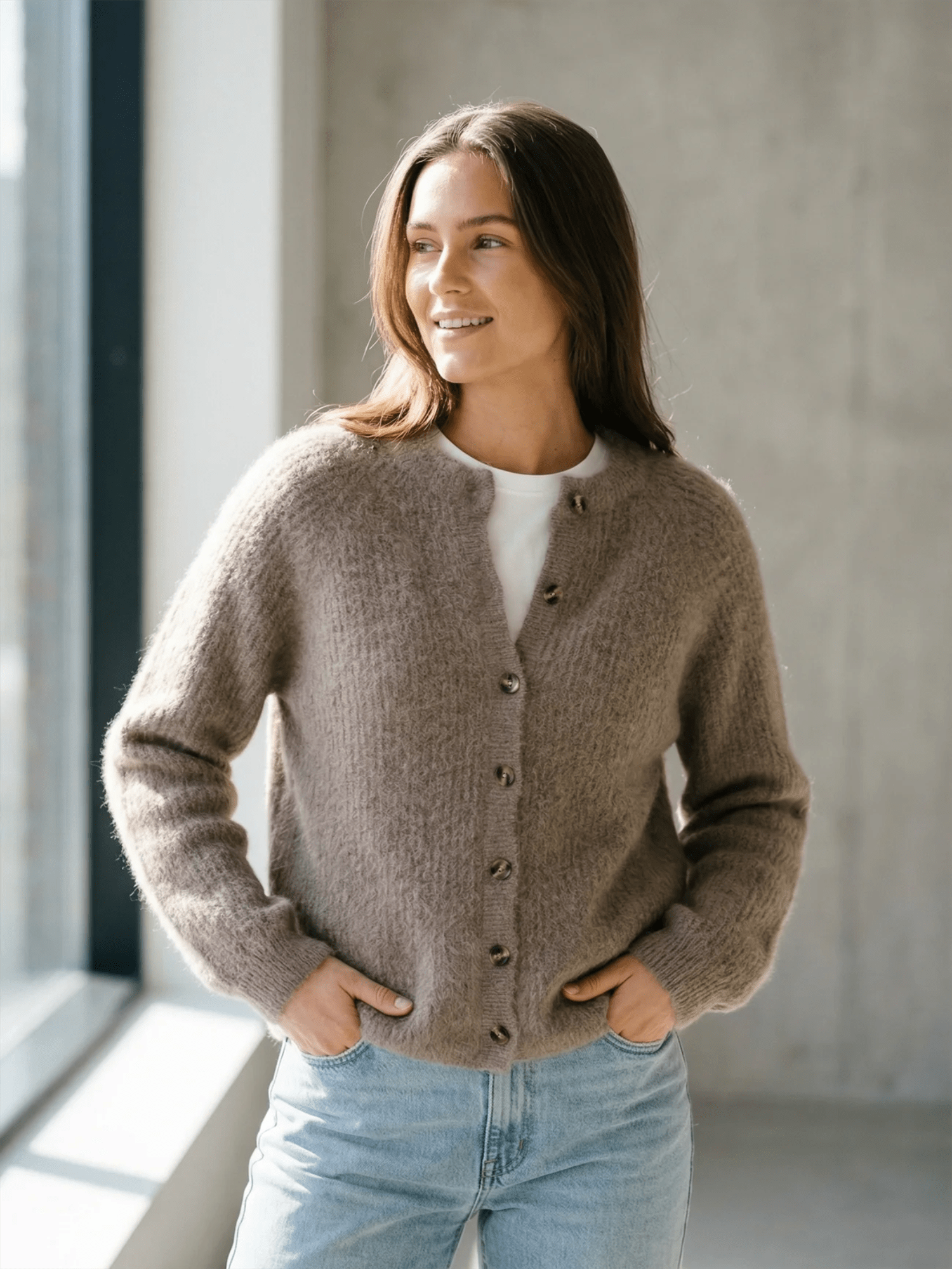 Nina Raccoon Cardigan - Mocha Brown - at home