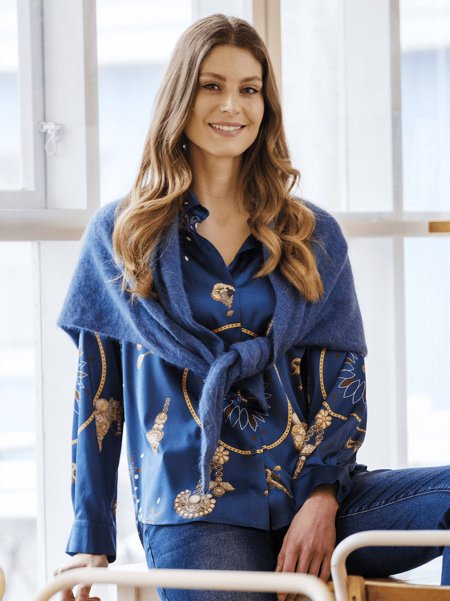 Oline Printed Blouse - Shaded Blue - at home