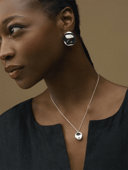 Oversized Statement Pebble Stud Earrings - Silver - at home